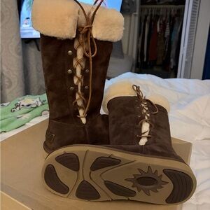 Never worn brand new w box. UGG Brown Suede Winter Boots with Shearling